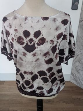 Adolfo Dominguez Beige and Dark Brown Abstract Print Scoop Neck Blouse